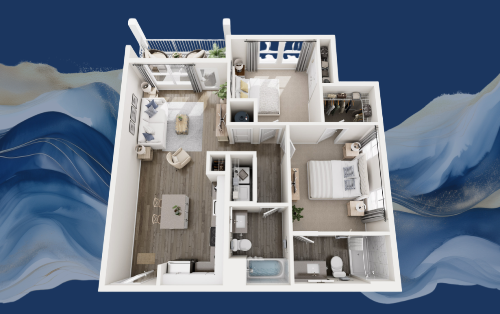 B1 - 2 bedroom floorplan layout with 2 bathrooms and 970 square feet