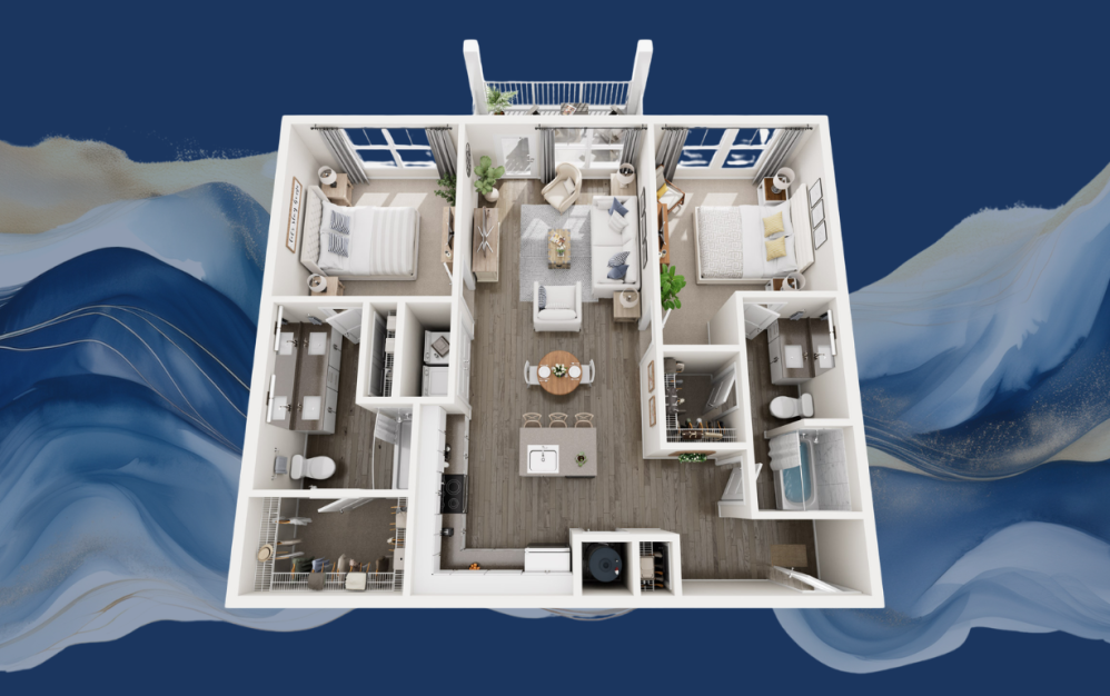 B2 - 2 bedroom floorplan layout with 2 bathrooms and 1117 square feet