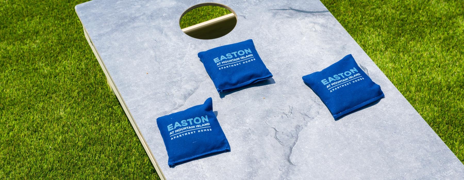 a cornhole game on green grass